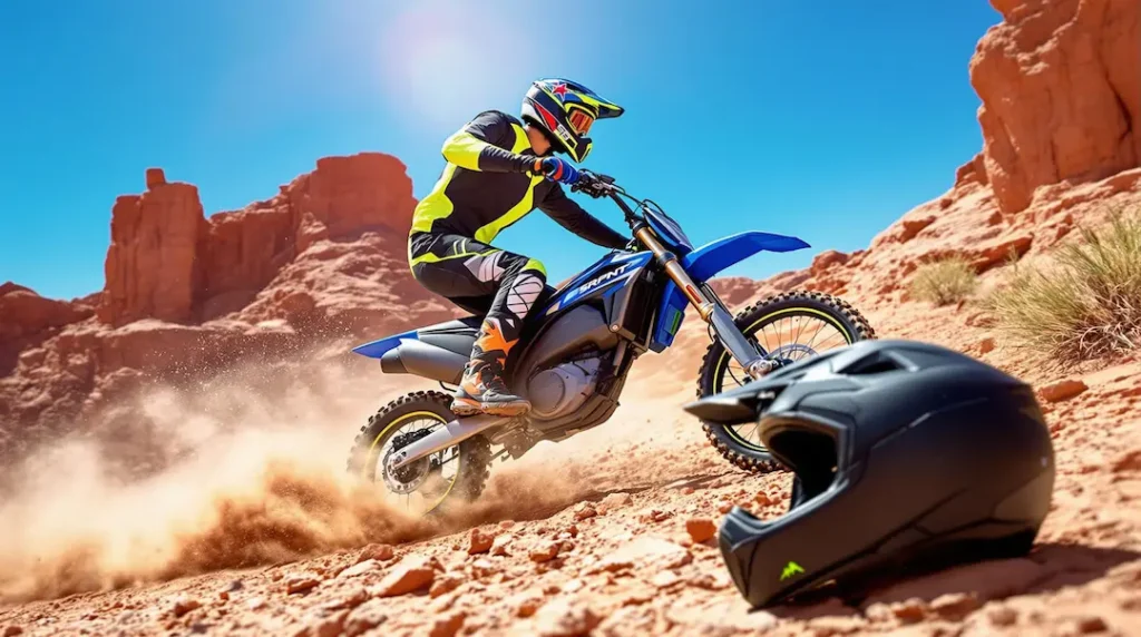 Rider on electric dirt bike, riding in sandstone cliff area near Las Vegas